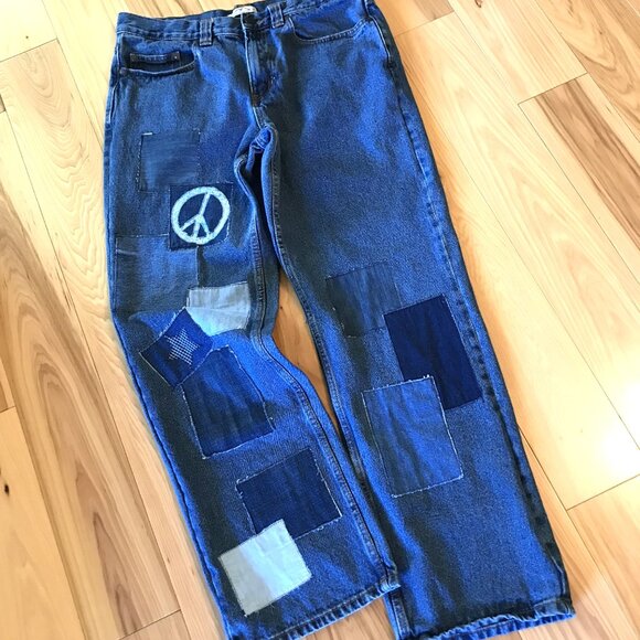 Men’s Patchwork Jeans, Size 34-34: Upcycled Denim 1970s Hippie Boho Retro Pants - Picture 6 of 10